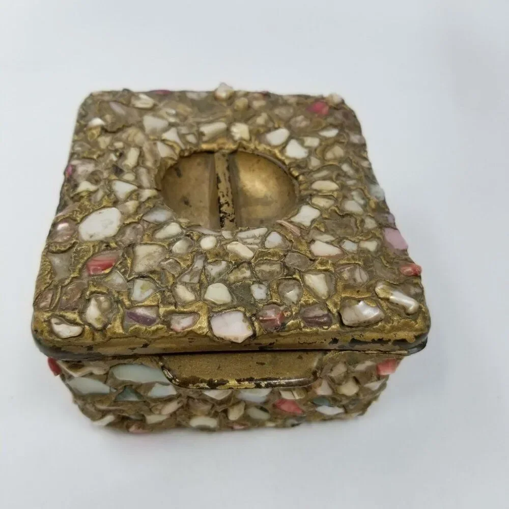 Moroccan Wedding Jewelry Box Inlaid Semi-Precious Stones Gems Gold 2.5
